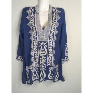 Finch Blue & White Heavily Embroidered Sequin Blouse Womens M Cotton Peasant Top